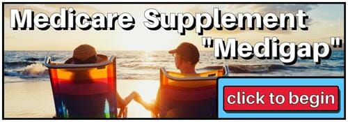 Couple relaxing on the beach at sunset with white letters spelling out Medicare Supplement "Medigap"