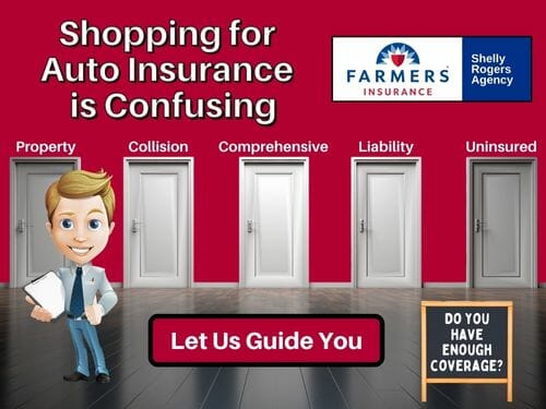 Auto Insurance is Confusing, Let Us Guide You - large room, dark wooden floor, 5 white doors against the far wall, signs on the floor stating let us guide you.