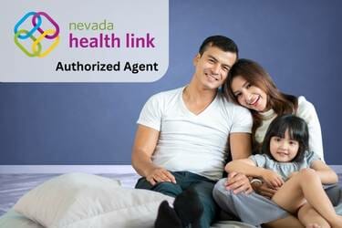 Nevada Health Link authorized agent. Man, woman, child sitting on floor with Nevada Health Link logo floating on left side of image